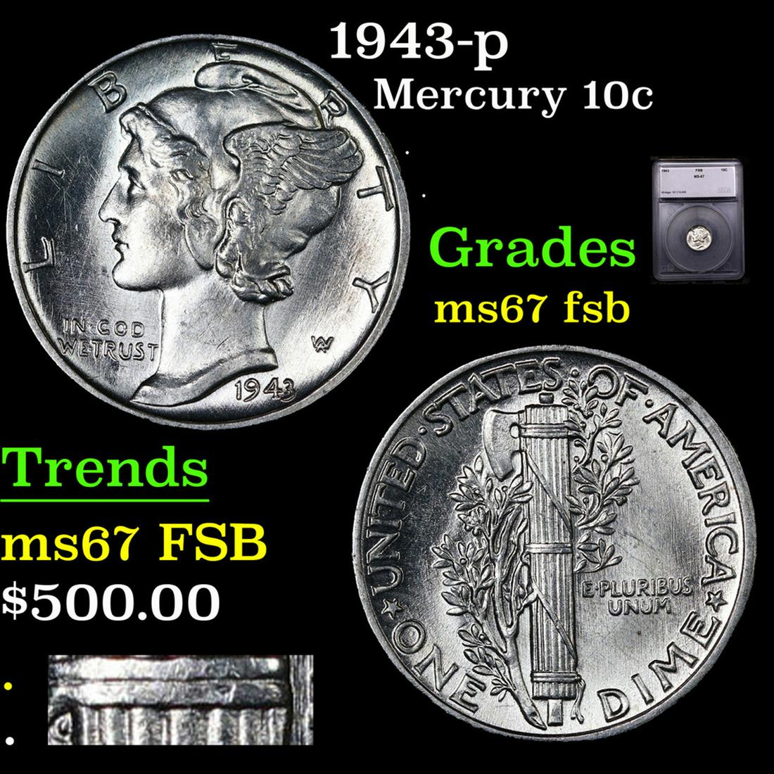 1943-p Mercury Dime 10c Graded ms67 fsb BY SEGS (1 of 5)