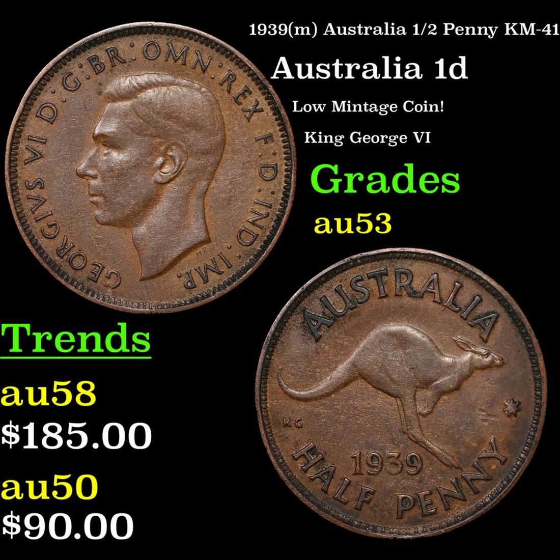 1939(m) Australia 1/2 Penny KM-41 Grades Select AU: 1939(m) Australia 1/2 Penny KM-41 Grades Select AU.