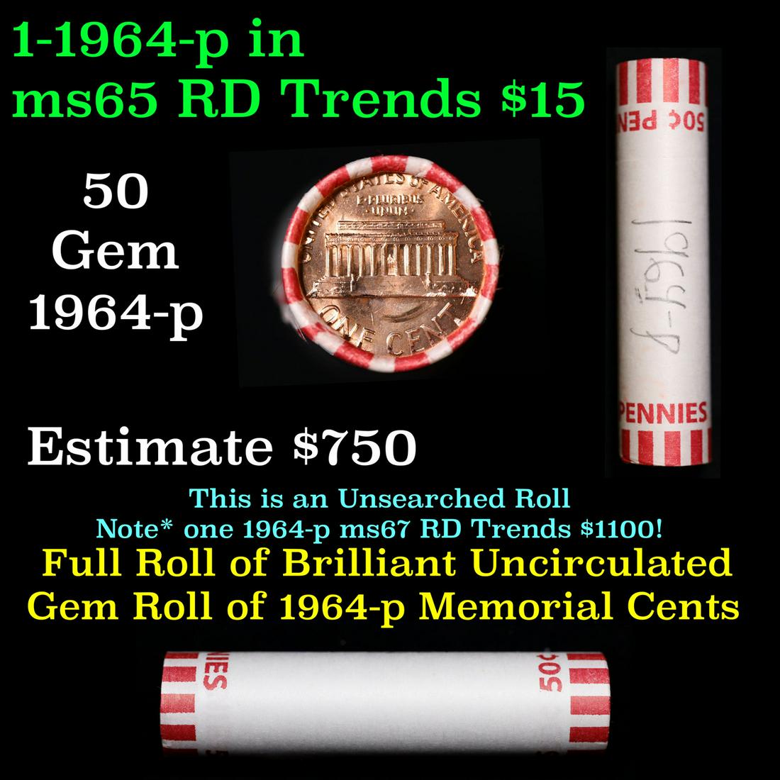 Shotgun Lincoln 1c roll, 1964-p 50 pcs Bank Wrapper.: Shotgun Lincoln 1c roll, 1964-p 50 pcs Bank Wrapper.. A terrific Shotgun roll of Lincoln cents. Most if not all coin should be cherry red.
