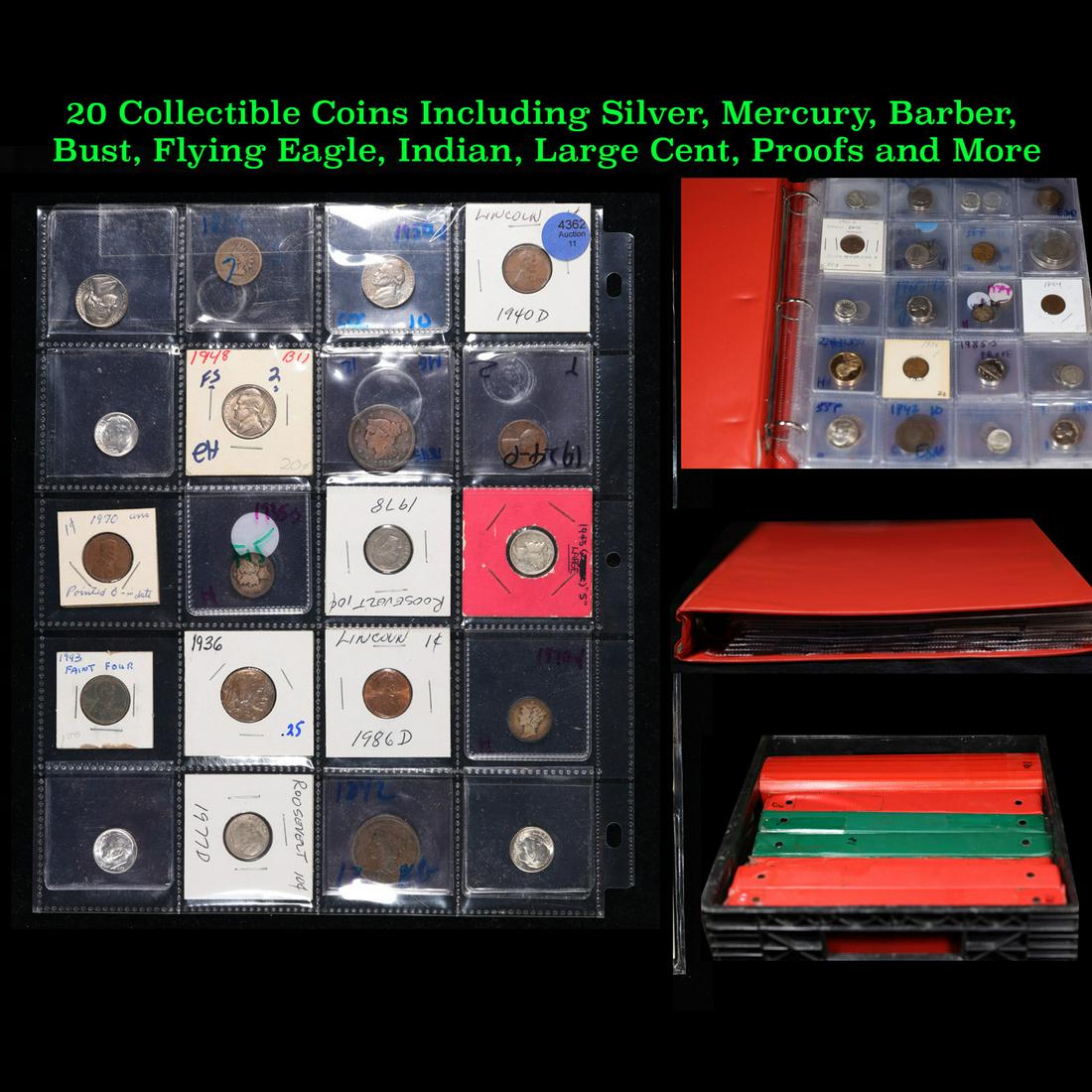 20 Collectible Coins Including Silver, Mercury, Barber, Bust, Flying Eagle, Indian, Large Cent, (1 of 6)