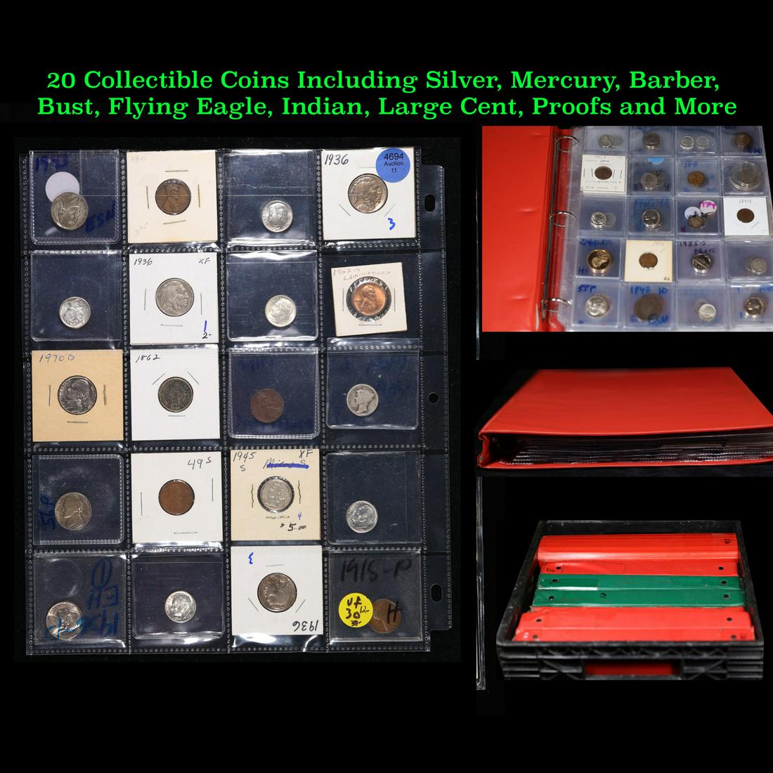 20 Collectible Coins Including Silver, Mercury, Barber, Bust, Flying Eagle, Indian, Large Cent, (1 of 6)