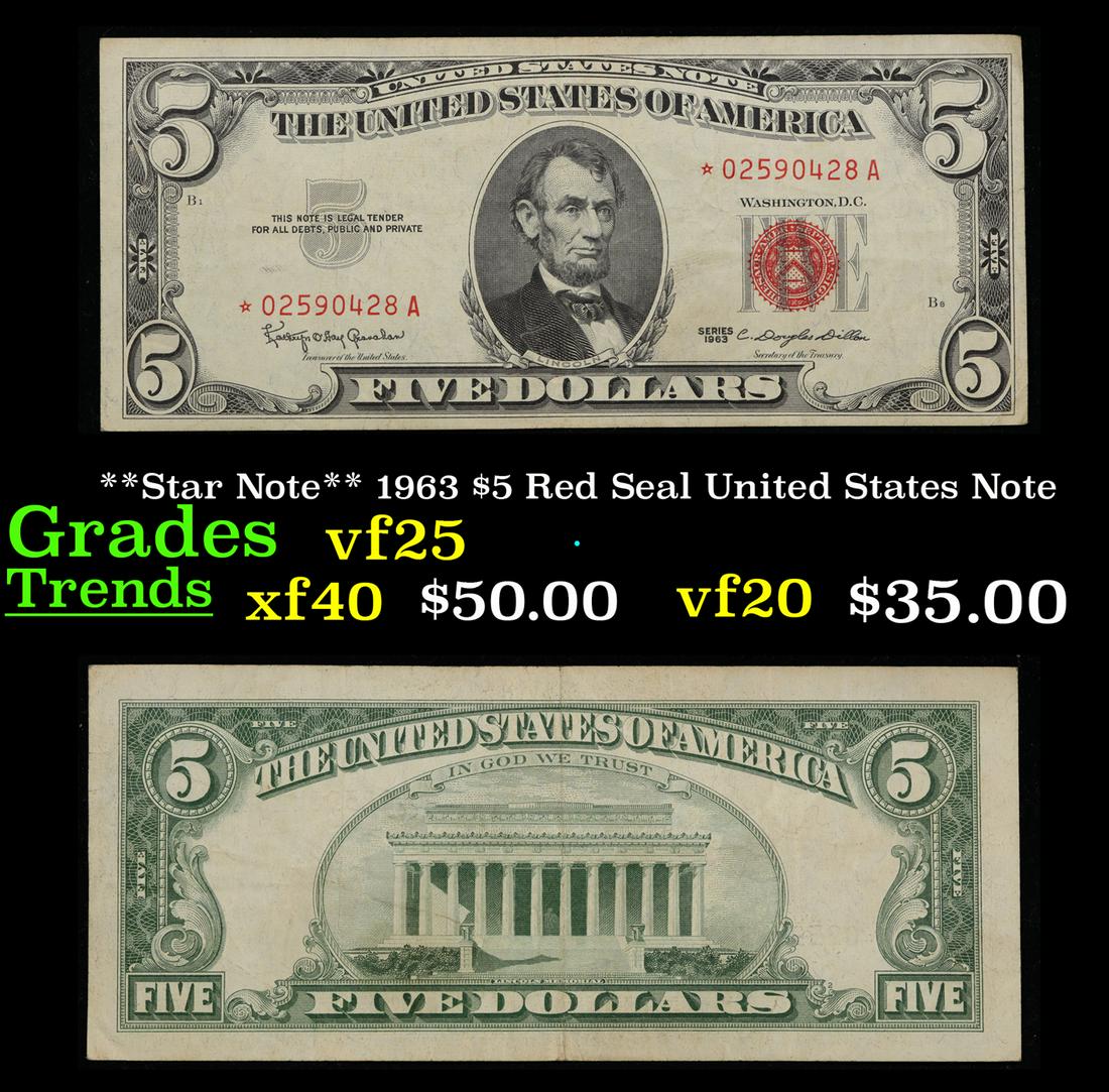 **Star Note** 1963 $5 Red Seal United States Note Grades vf+ (1 of 3)