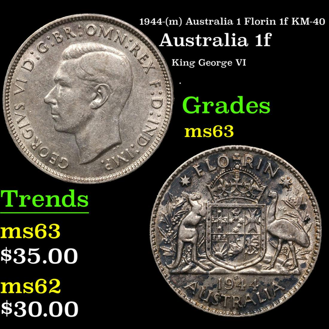 1944-(m) Australia 1 Florin 1f KM-40 Grades Select Unc: 1944-(m) Australia 1 Florin 1f KM-40 Grades Select Unc. George VI was King of the United Kingdom and the Dominions of the British Commonwealth from 11 December 1936 until his death in 1952. He was con