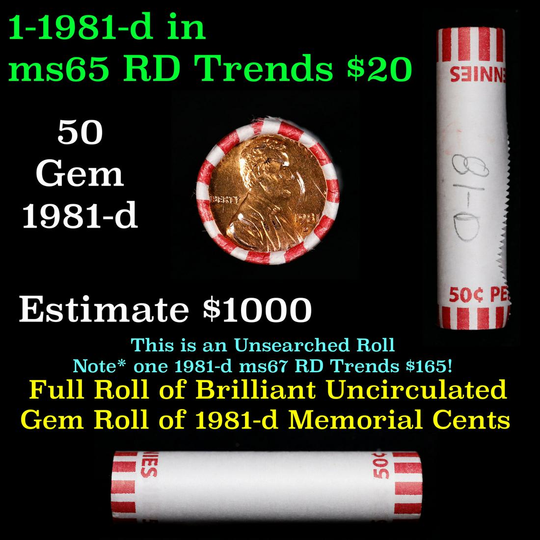 Shotgun Lincoln 1c roll, 1981-d 50 pcs Bank Wrapper.: Shotgun Lincoln 1c roll, 1981-d 50 pcs Bank Wrapper.. A terrific Shotgun roll of Lincoln cents. Most if not all coin should be cherry red.