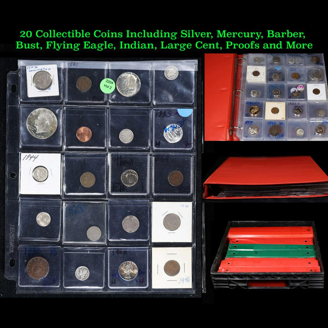 20 Collectible Coins Including Silver, Mercury, Barber, Bust, Flying Eagle, Indian, Large Cent, (1 of 9)