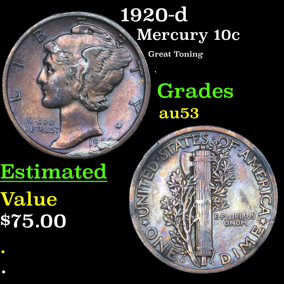 1920-d Mercury Dime 10c Grades Select AU (1 of 3)