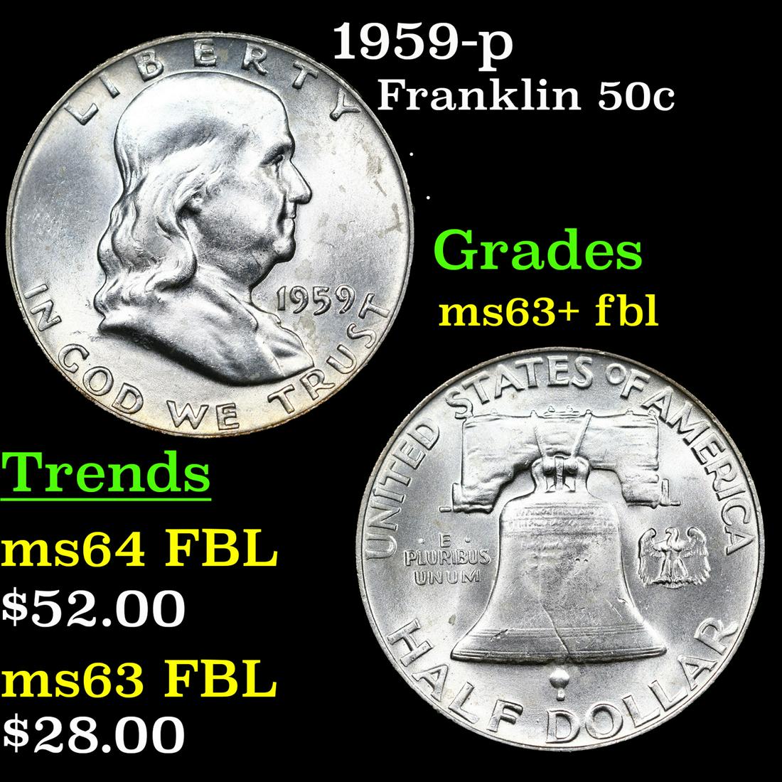 1959-p Franklin Half Dollar 50c Grades Select Unc+ FBL (1 of 3)
