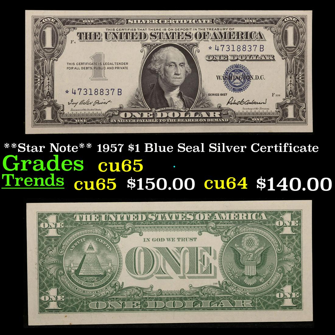 **Star Note** 1957 $1 Blue Seal Silver Certificate Grades Gem CU (1 of 3)