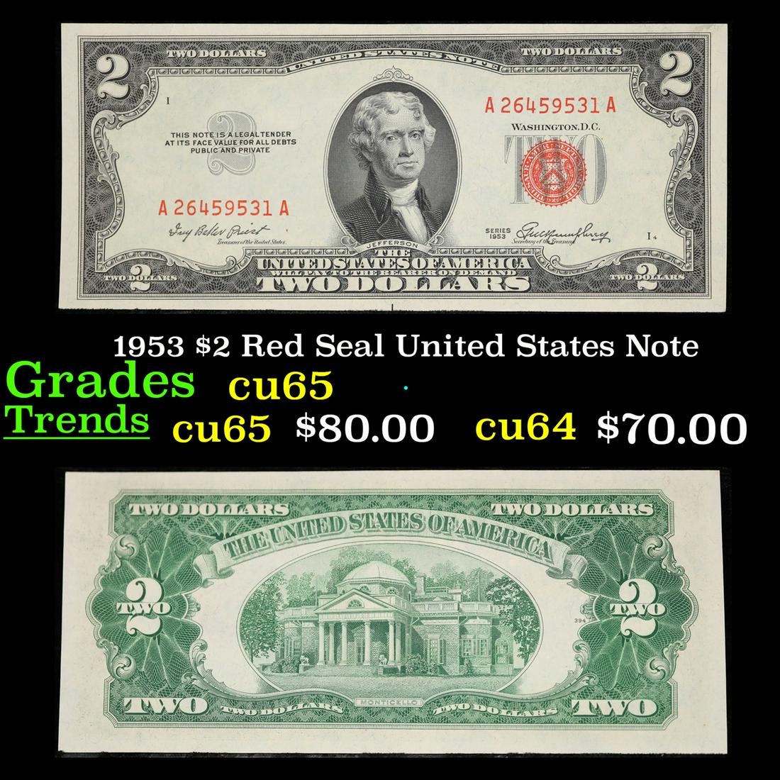 1953 $2 Red Seal United States Note Grades Gem CU: 1953 $2 Red Seal United States Note Grades Gem CU. 1953 red print two dollar bills can be broke up into four different types by signature combination; 1953 â€“ Ivy Baker Priest (Treasurer of The