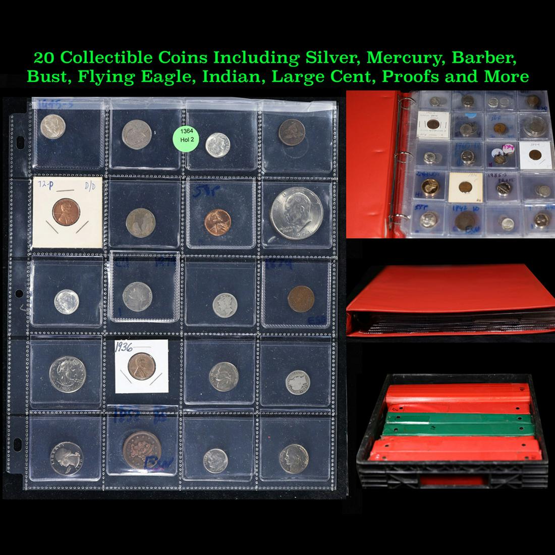 20 Collectible Coins Including Silver, Mercury, Barber, Bust, Flying Eagle, Indian, Large Cent, (1 of 9)