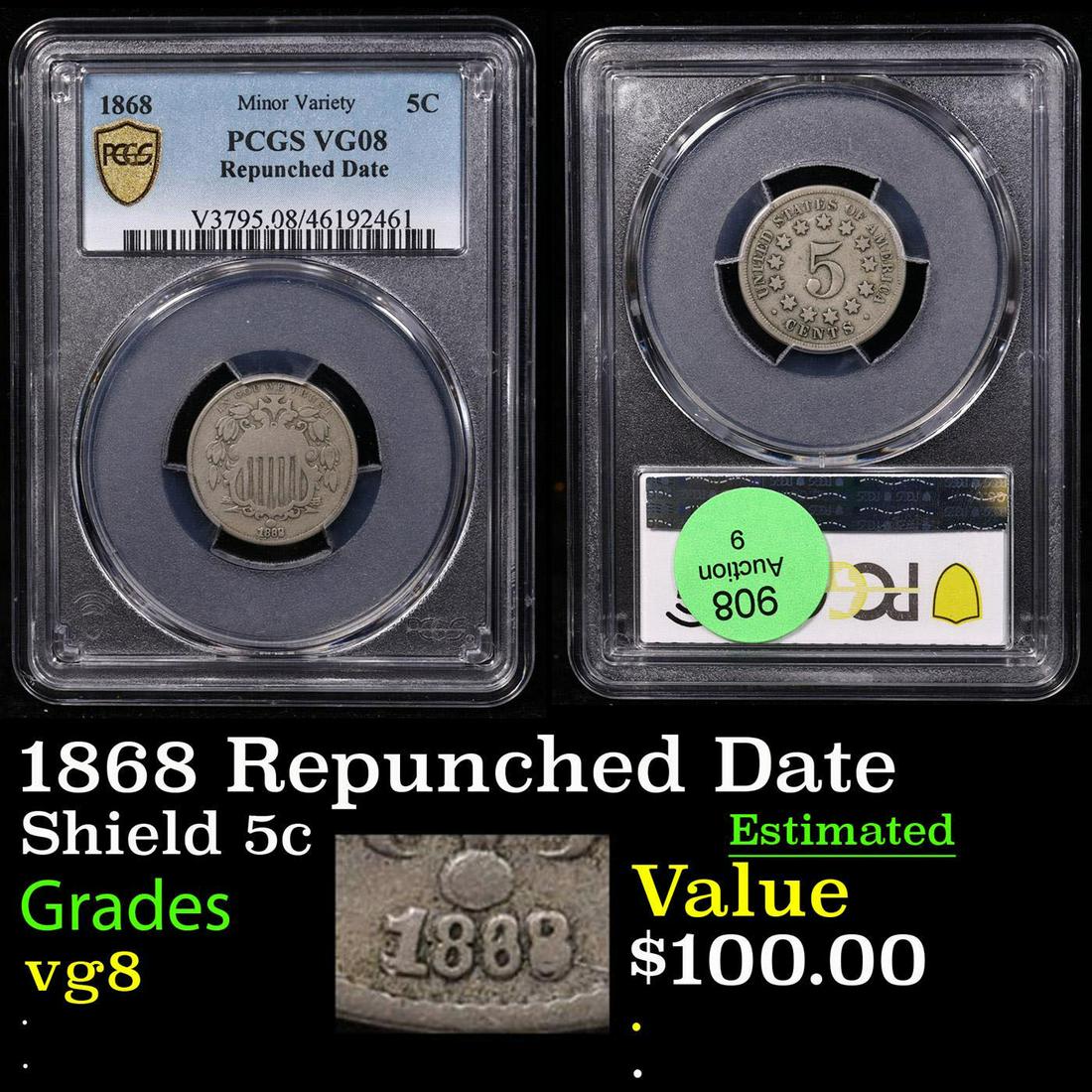 PCGS 1868 Shield Nickel Repunched Date 5c Graded vg8 By PCGS (1 of 4)