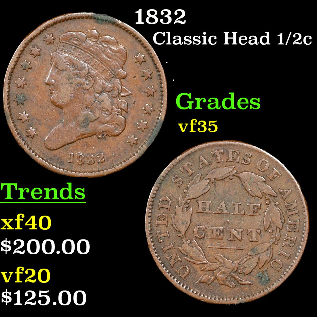 1832 Classic Head half cent 1/2c Grades vf++ (1 of 3)