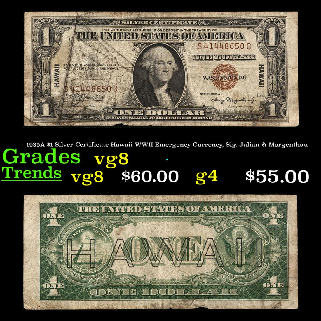 1935A $1 Silver Certificate Hawaii WWII Emergency Currency, Sig. Julian & Morgenthau Grades vg, very (1 of 3)