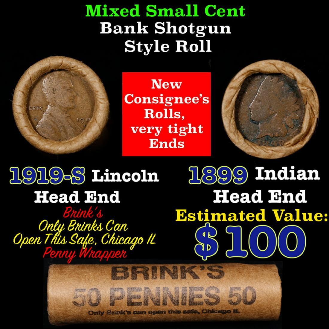 Mixed small cents 1c orig shotgun roll, 1919-s Wheat Cent, 1899 Indian Cent other end, Brinks (1 of 3)