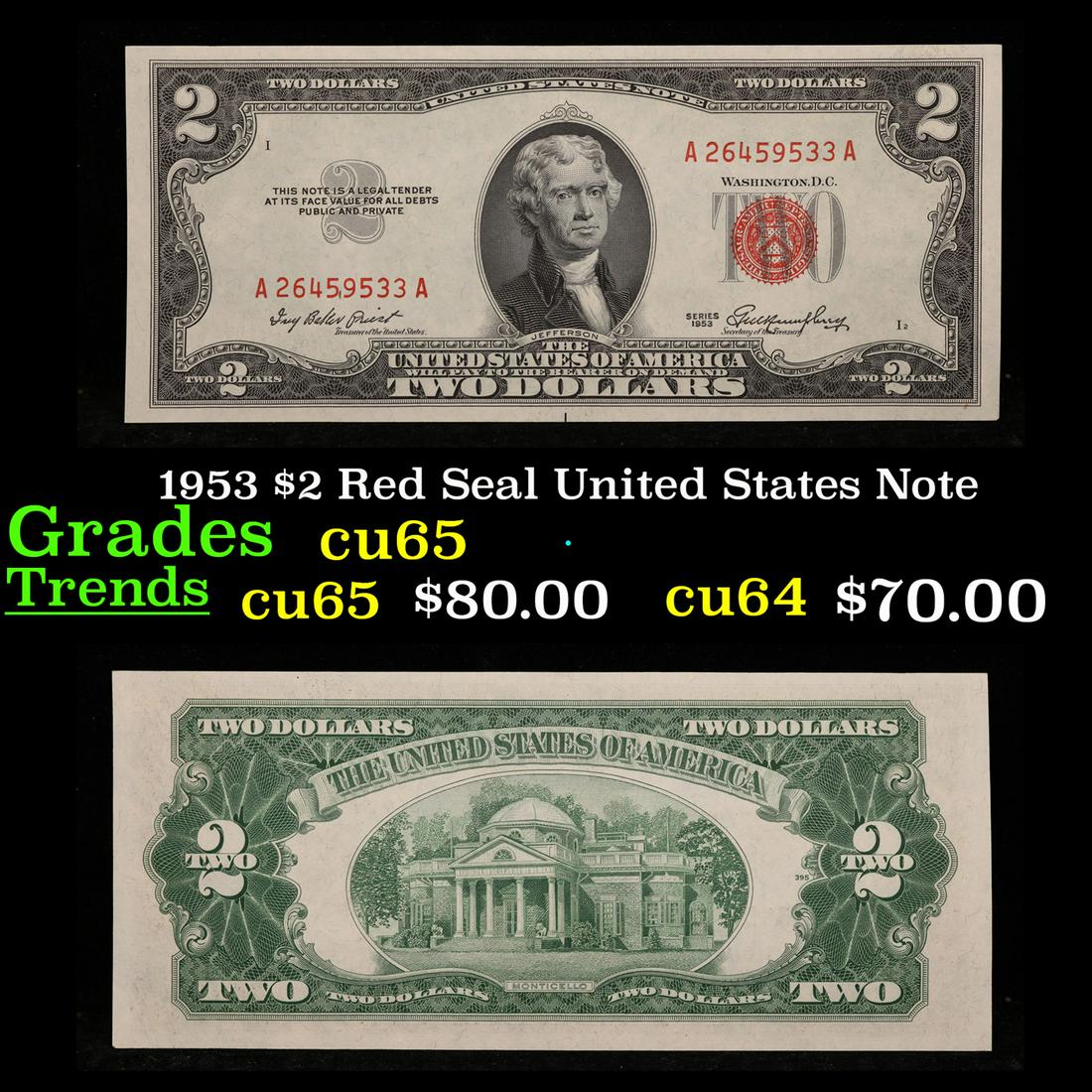 1953 $2 Red Seal United States Note Grades Gem CU: 1953 $2 Red Seal United States Note Grades Gem CU. 1953 red print two dollar bills can be broke up into four different types by signature combination; 1953 â€“ Ivy Baker Priest (Treasurer of The