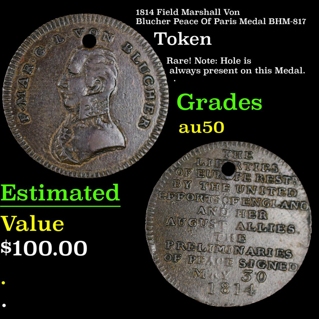 1814 Field Marshall Von Blucher Peace Of Paris Medal BHM-817 Grades AU, Almost Unc (1 of 3)