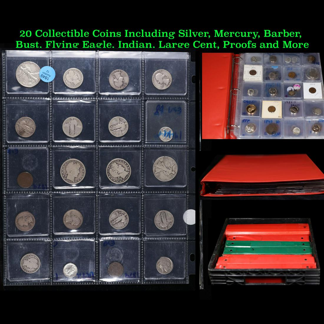 20 Collectible Coins Including Silver, Mercury, Barber, Bust, Flying Eagle, Indian, Large Cent, (1 of 6)