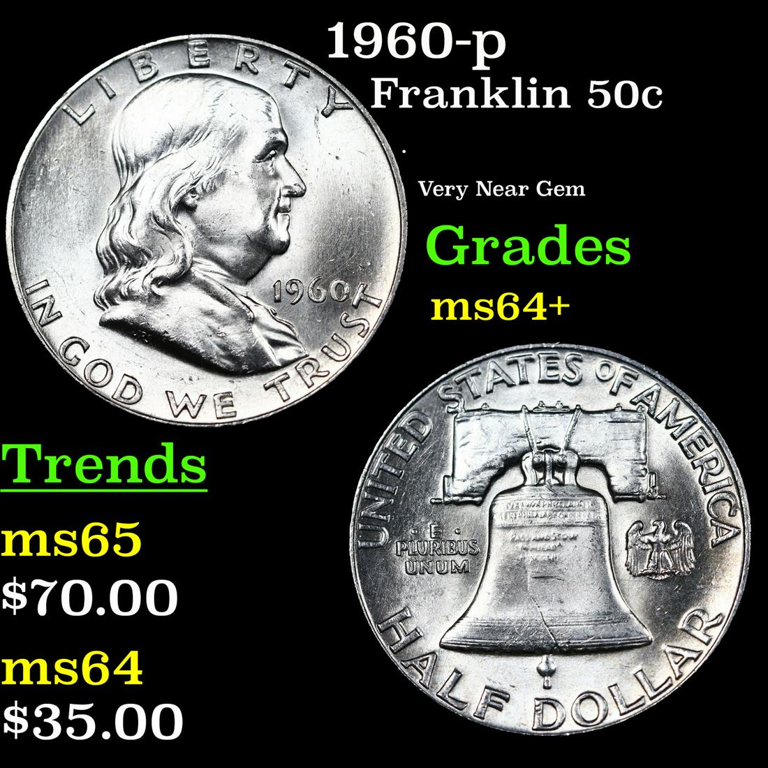 1960-p Franklin Half Dollar 50c Grades Choice+ Unc (1 of 3)