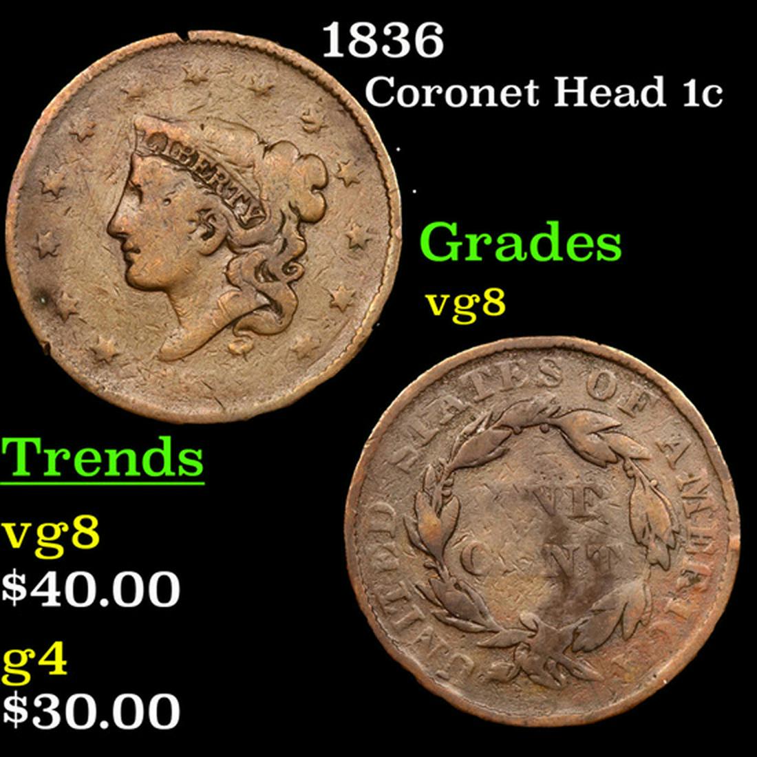 1836 Coronet Head Large Cent 1c Grades vg, very good (1 of 3)