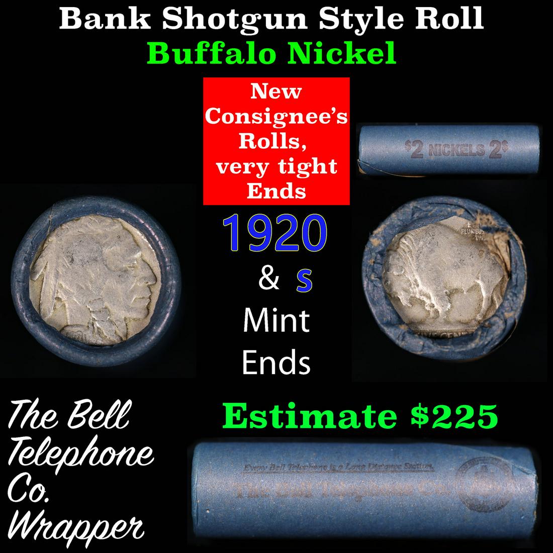 Buffalo Nickel Shotgun Roll in Old Bank Style 'Bell Telephone' Wrapper 1920 & s Mint Ends: Buffalo Nickel Shotgun Roll in Old Bank Style 'Bell Telephone' Wrapper 1920 & s Mint Ends. The roll is held in an old, rare "Bell Telephone Co." Bank style wrapper. This is the Bell Telephone logo fro