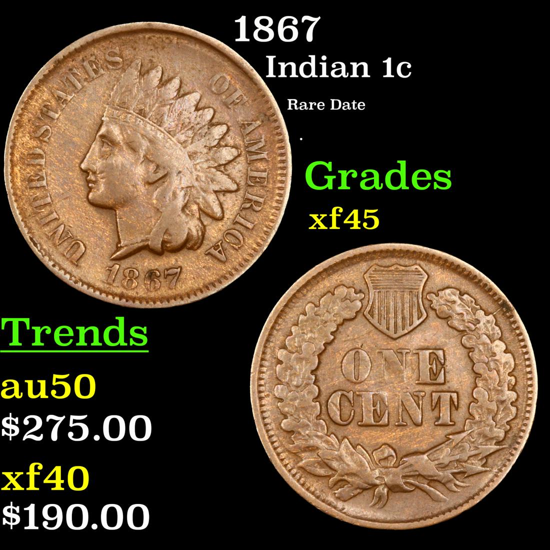 1867 Indian Cent 1c Grades xf+ (1 of 3)
