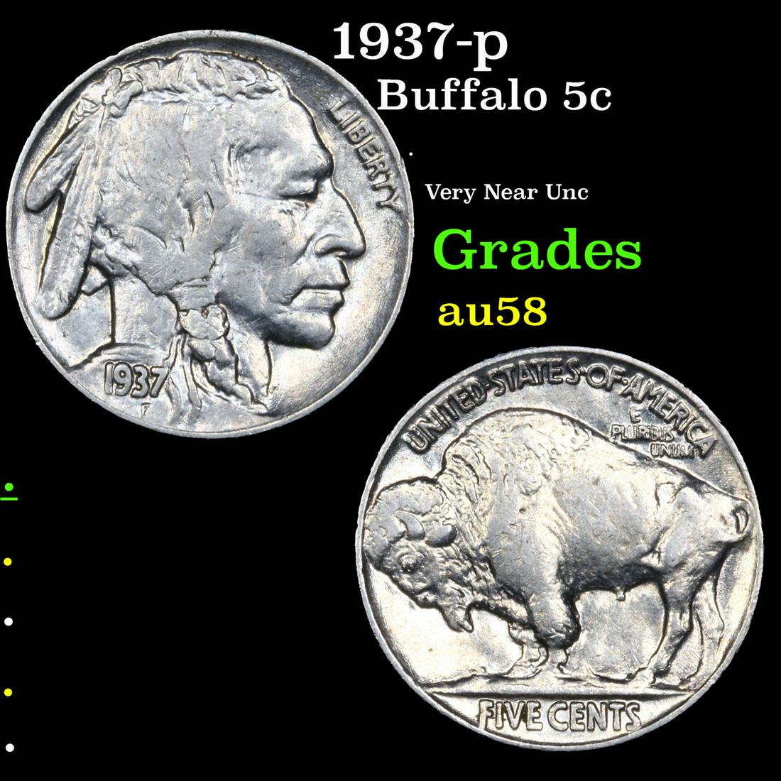 1937-p Buffalo Nickel 5c Grades Choice AU/BU Slider (1 of 3)