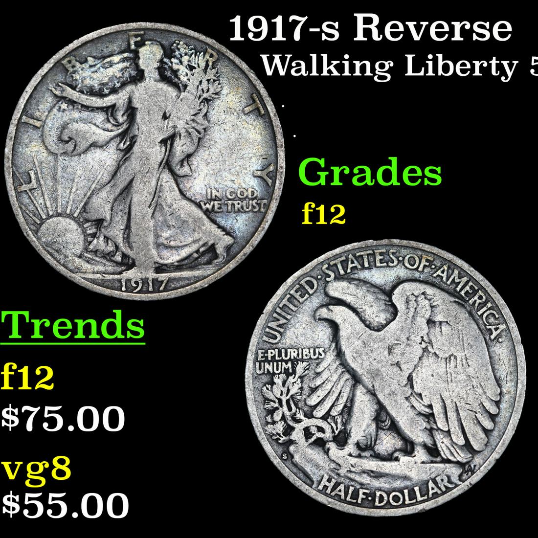 1917-s Reverse Walking Liberty Half Dollar 50c Grades f, fine (1 of 3)