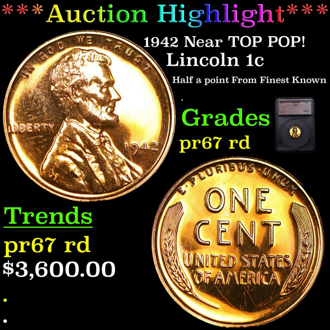 Proof ***Auction Highlight*** 1942 Lincoln Cent Near TOP POP! 1c Graded pr67 rd By SEGS (fc) (1 of 5)