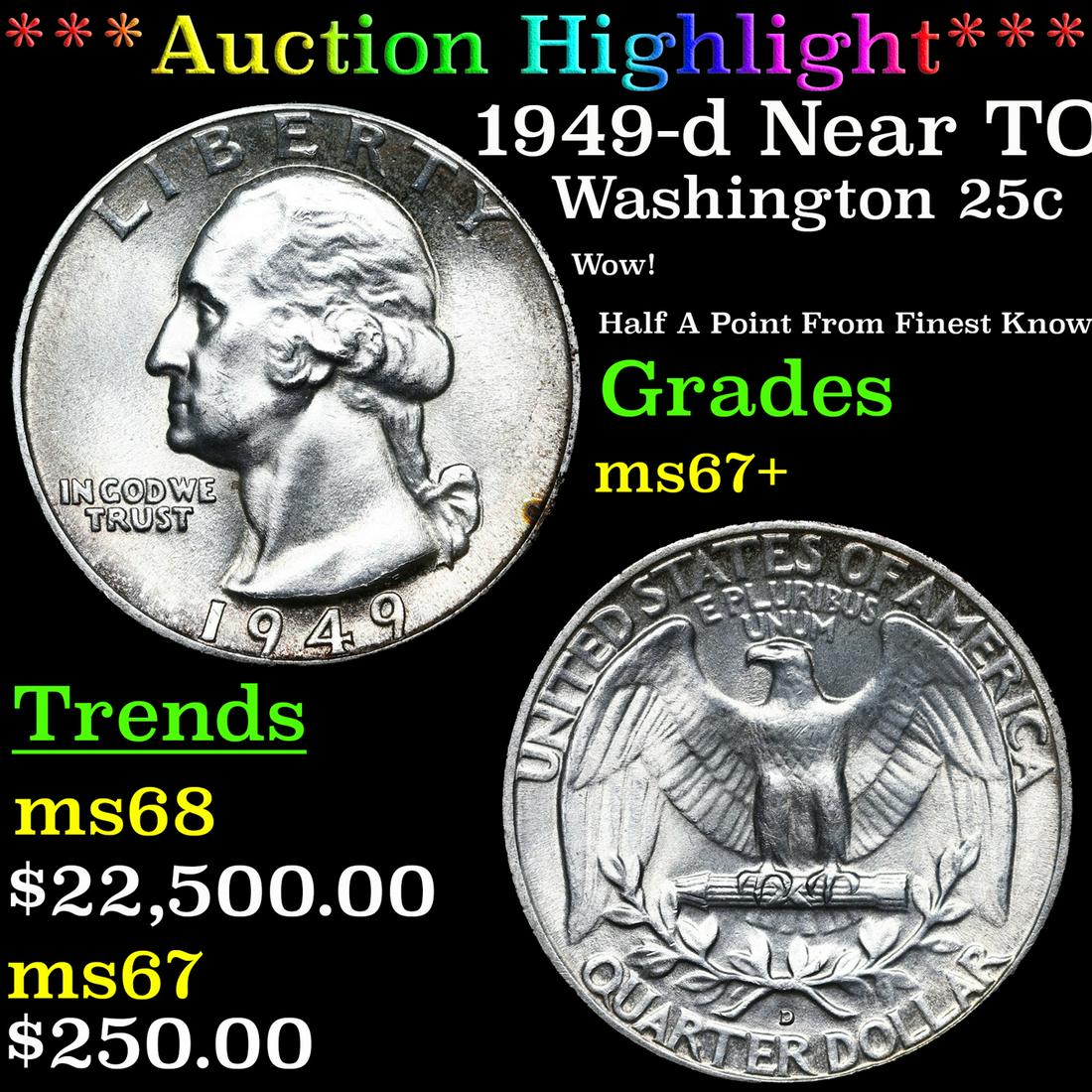 ***Auction Highlight*** 1949-d Washington Quarter Near TOP POP! 25c Graded ms67+ BY SEGS (fc) (1 of 5)