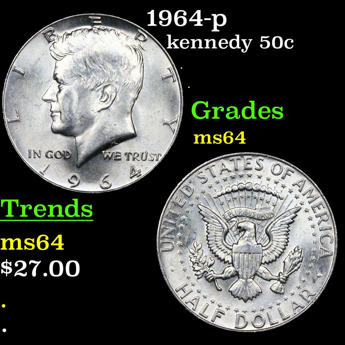 1964-p Kennedy Half Dollar 50c Grades Choice Unc (1 of 3)