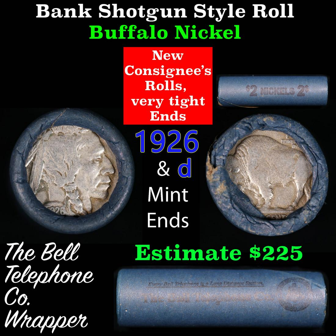 Buffalo Nickel Shotgun Roll in Old Bank Style 'Bell Telephone'  Wrapper 1926 & d Mint Ends (1 of 3)
