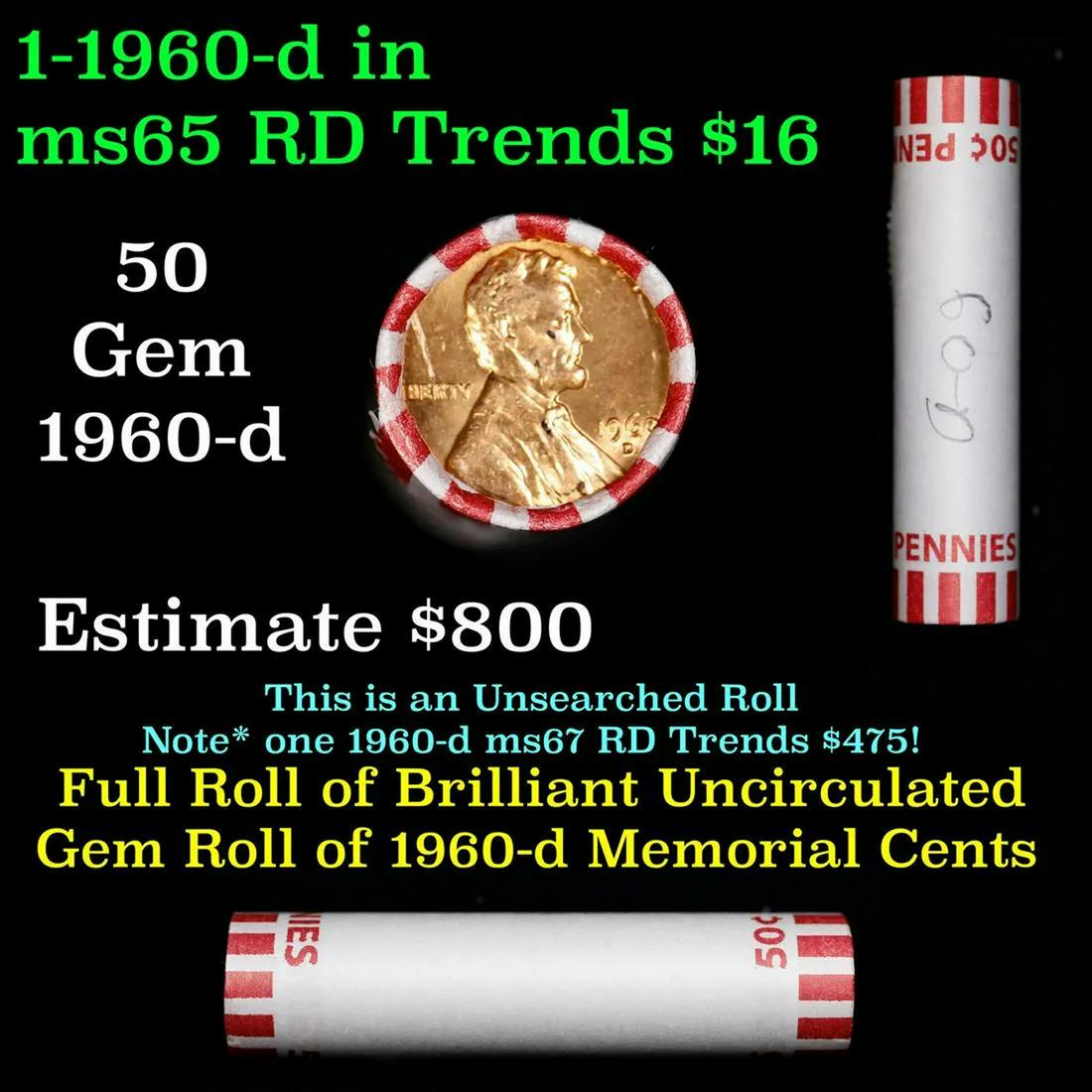 Shotgun Lincoln 1c roll, 1960-d 50 pcs Bank Wrapper.: Shotgun Lincoln 1c roll, 1960-d 50 pcs Bank Wrapper.. A terrific Shotgun roll of Lincoln cents. Most if not all coin should be cherry red.