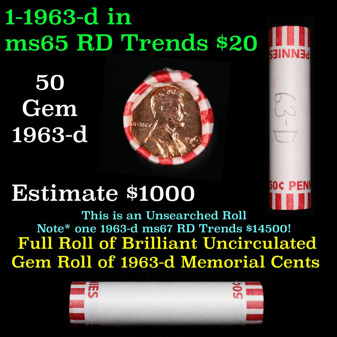 Shotgun Lincoln 1c roll, 1963-d 50 pcs Bank Wrapper.: Shotgun Lincoln 1c roll, 1963-d 50 pcs Bank Wrapper.. A terrific Shotgun roll of Lincoln cents. Most if not all coin should be cherry red.