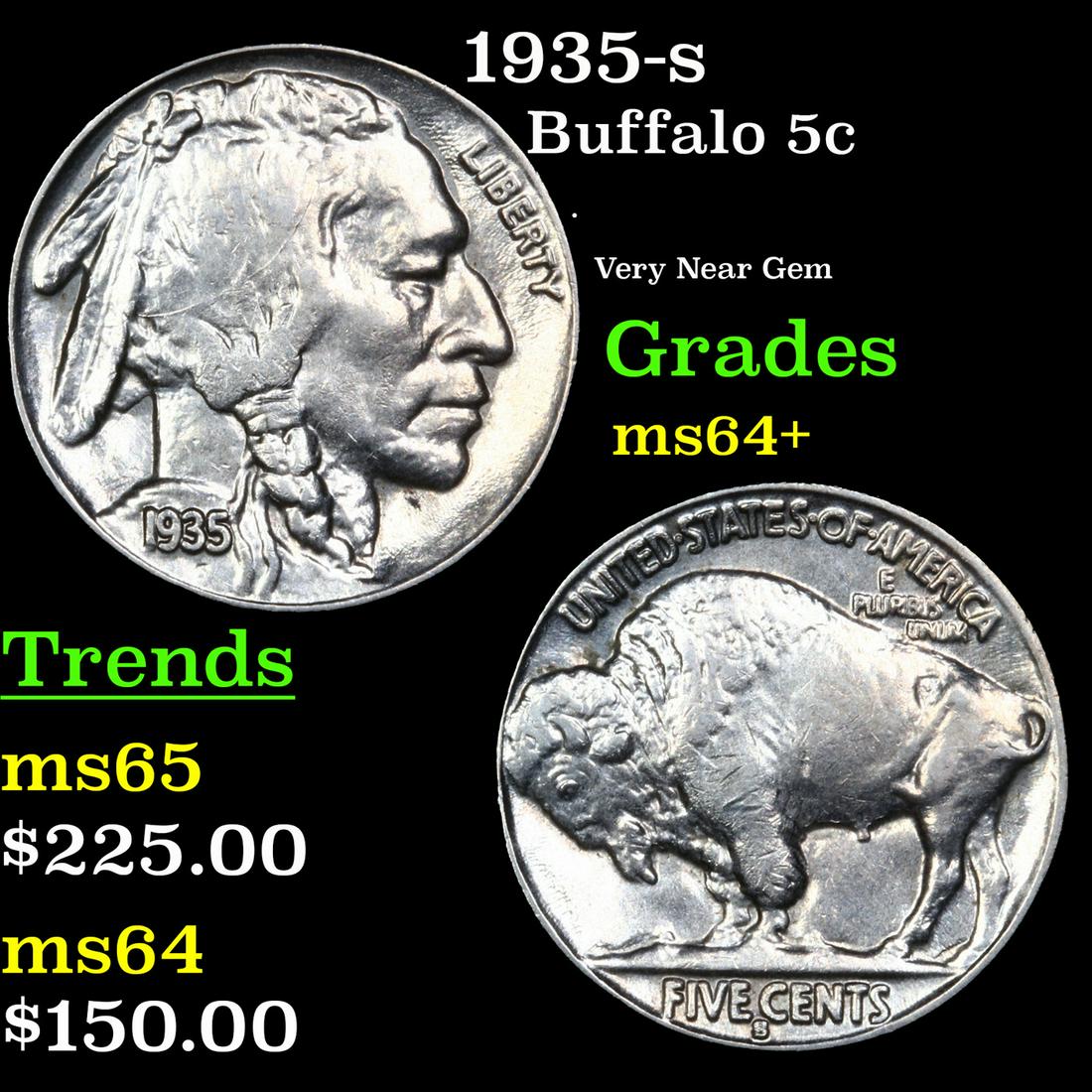 1935-s Buffalo Nickel 5c Grades Choice+ Unc (1 of 3)