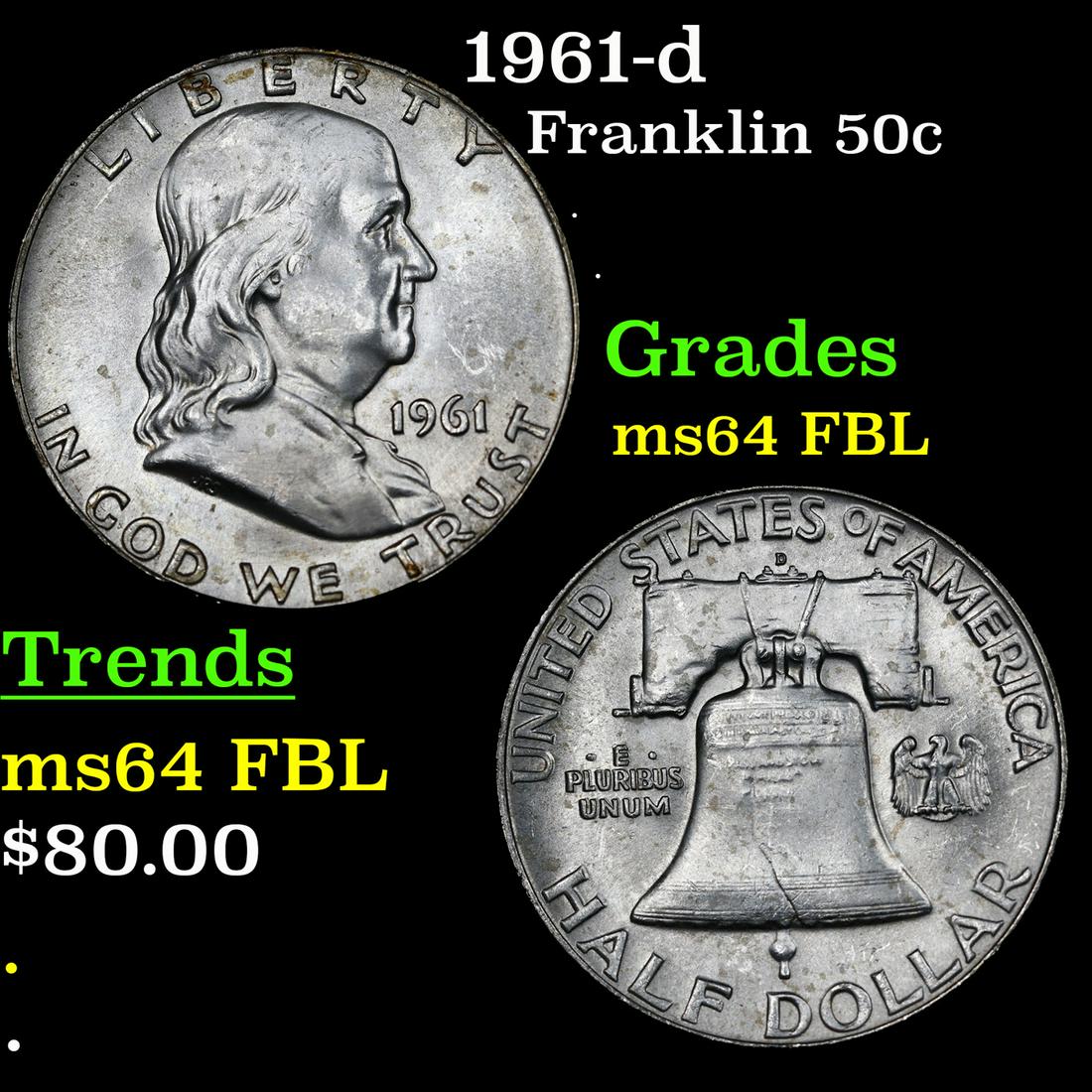 1961-d Franklin Half Dollar 50c Grades Choice Unc FBL (1 of 3)