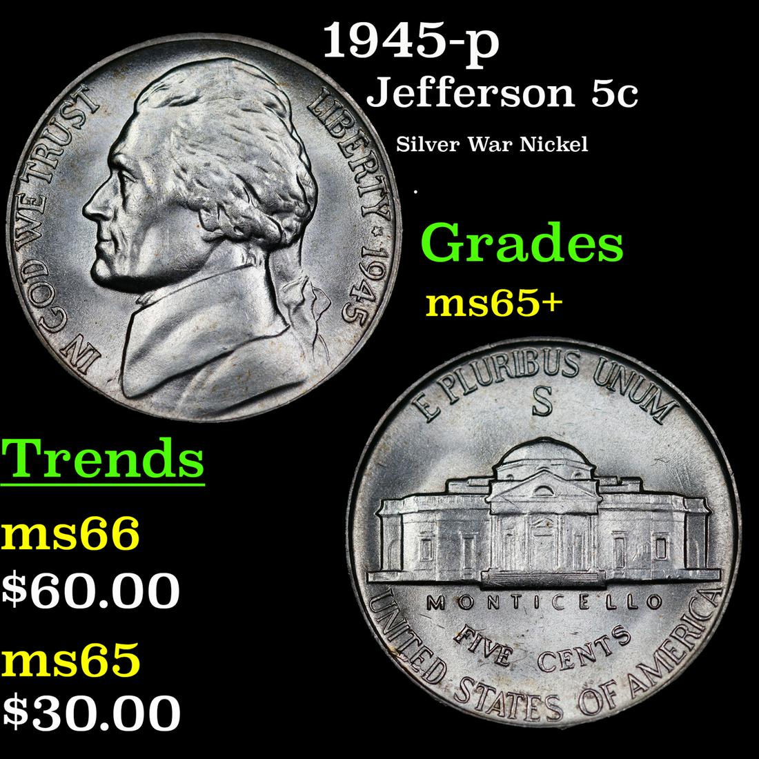 1945-s Jefferson Nickel 5c Grades GEM+ Unc (1 of 3)