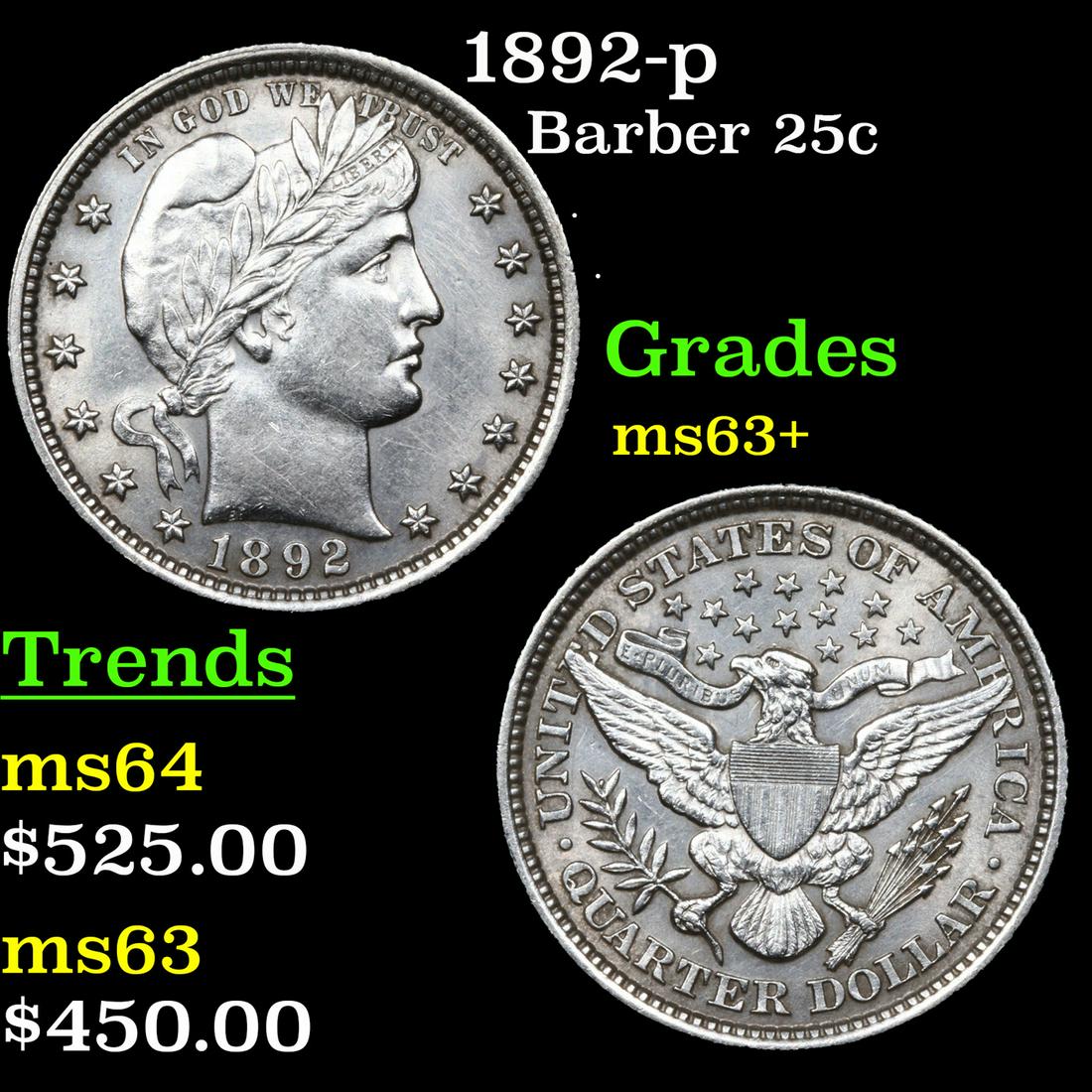 1892-p Barber Quarter 25c Grades Select+ Unc (1 of 3)