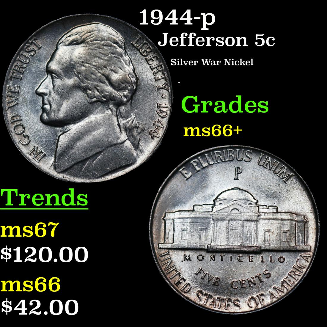 1944-p Jefferson Nickel 5c Grades GEM++ Unc (1 of 3)