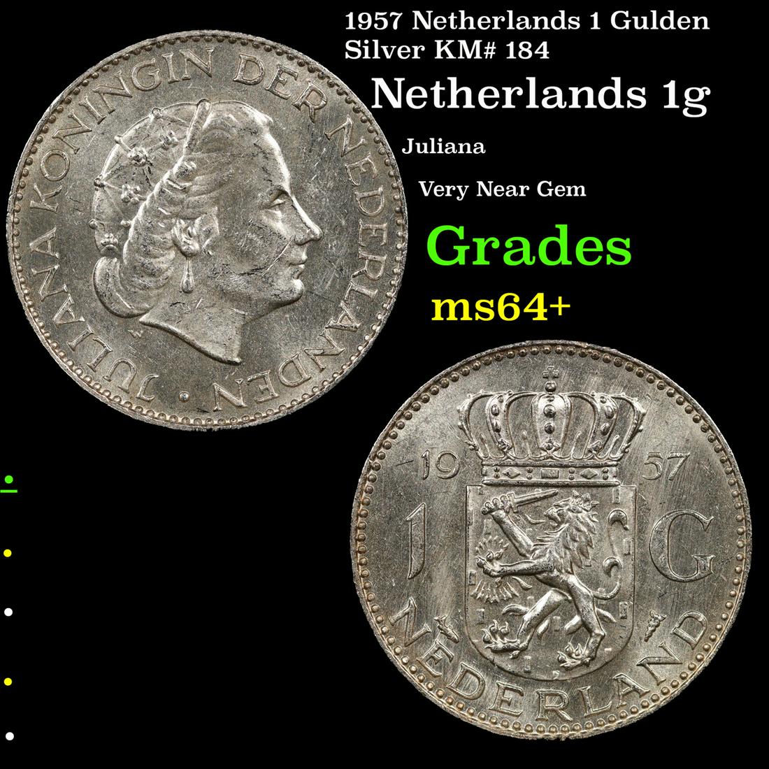 1957 Netherlands 1 Gulden Silver KM# 184 Grades Choice+ Unc (1 of 3)