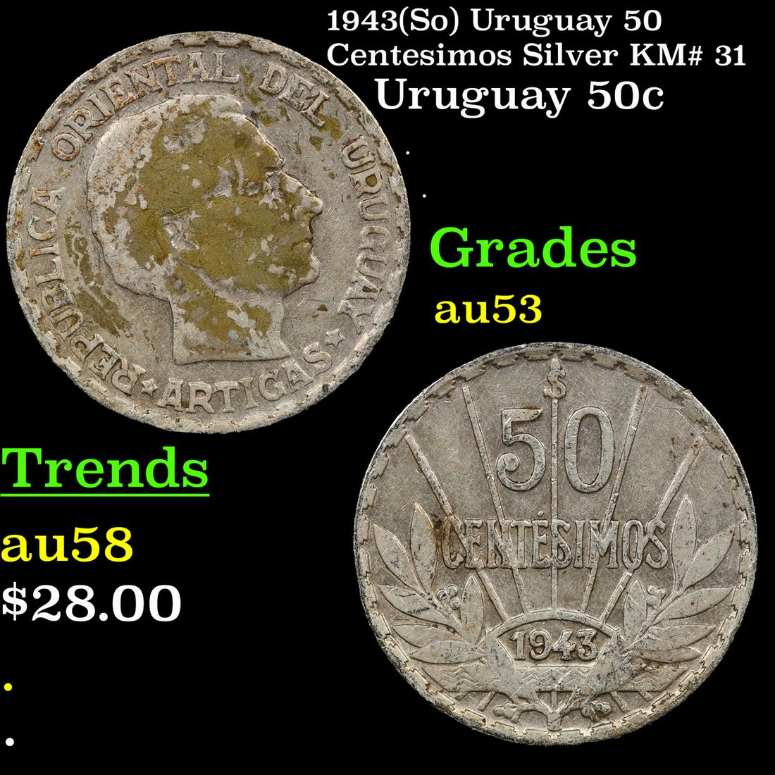 1943(So) Uruguay 50 Centesimos Silver KM# 31 Grades Select AU (1 of 3)