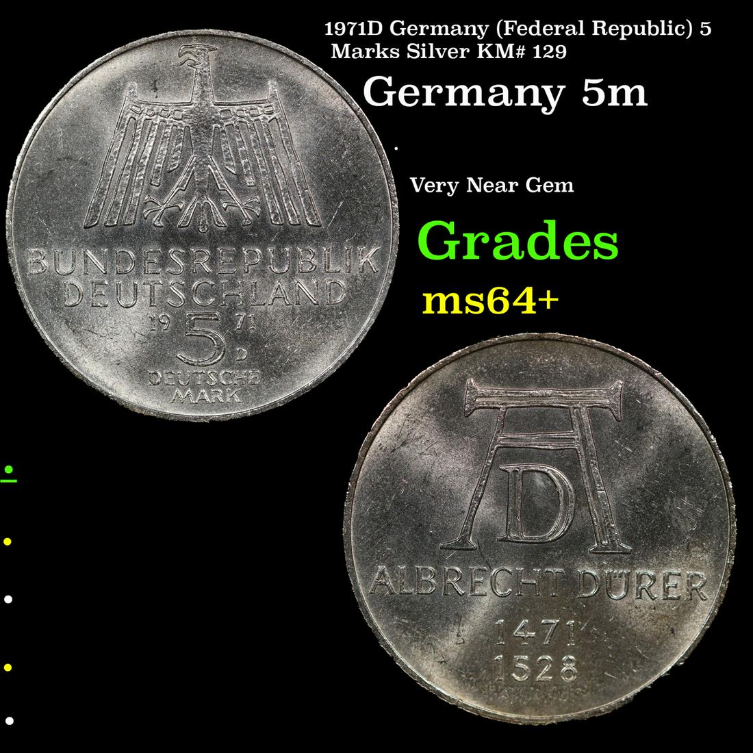 1971D Germany (Federal Republic) 5 Marks Silver KM# 129 Grades Choice+ Unc (1 of 3)