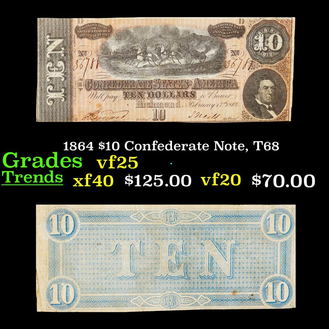 1864 $10 Confederate Note, T68 Grades vf+ (1 of 3)