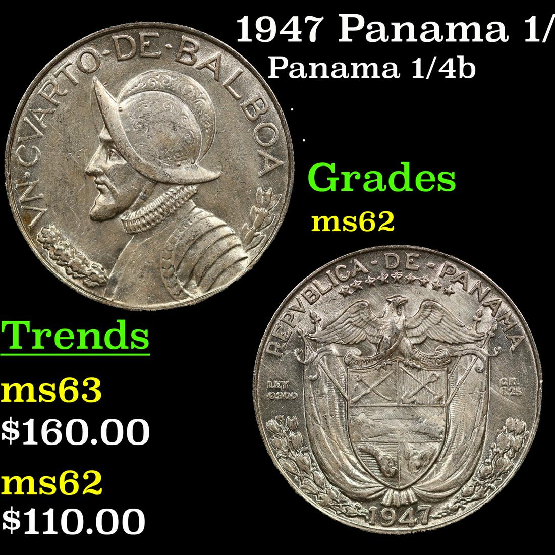 1947 Panama 1/4 Balboa Silver KM# 11.1 Grades Select Unc (1 of 3)