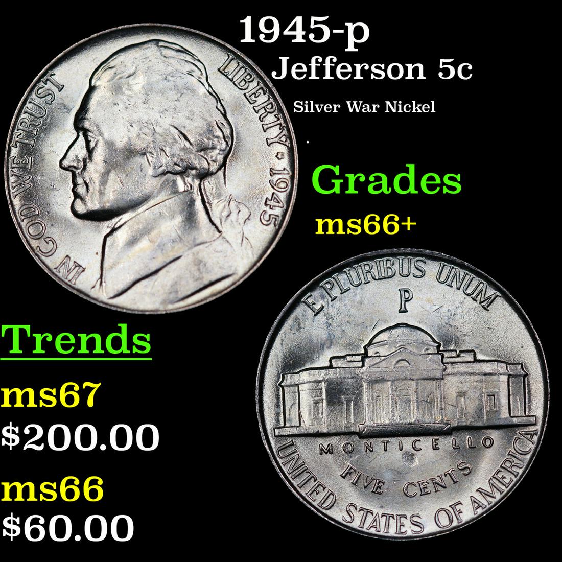 1945-p Jefferson Nickel 5c Grades GEM++ Unc (1 of 3)