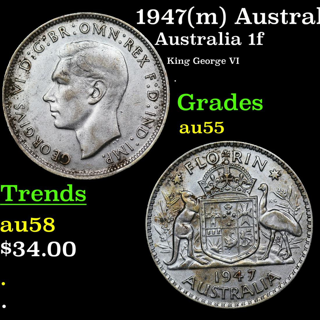 1947(m) Australia 1 Florin (2 Shillings) Silver KM# 40a Grades Choice AU (1 of 3)