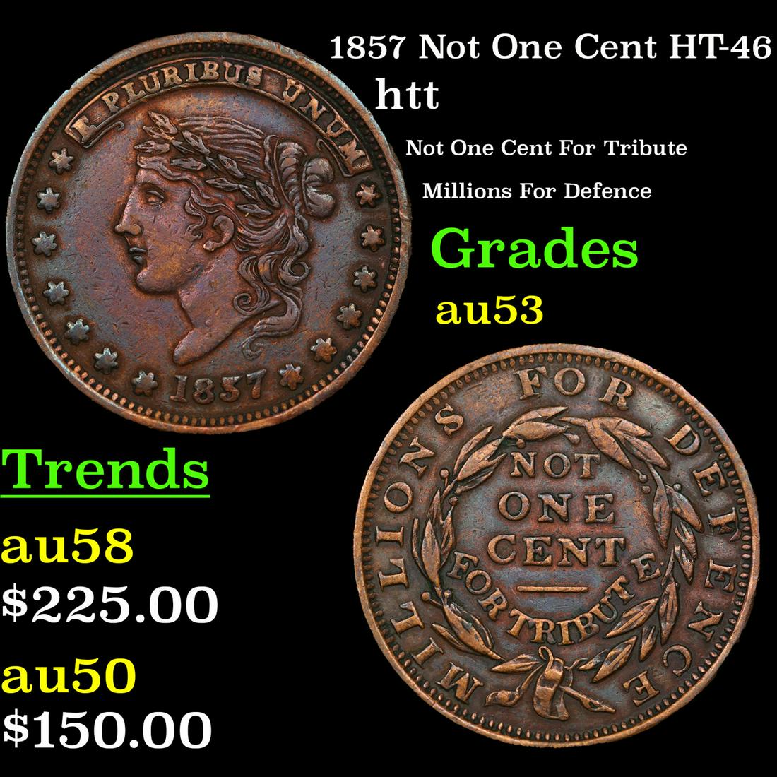 1857 Not One Cent Hard Times Token HT-46 1c Grades Select AU (1 of 3)