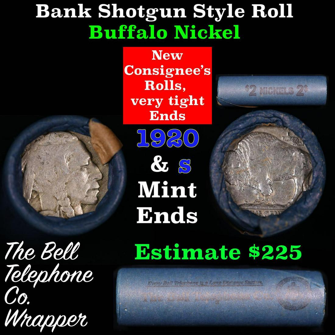 Buffalo Nickel Shotgun Roll in Old Bank Style 'Bell Telephone' Wrapper 1920 & s Mint Ends: Buffalo Nickel Shotgun Roll in Old Bank Style 'Bell Telephone' Wrapper 1920 & s Mint Ends. The roll is held in an old, rare "Bell Telephone Co." Bank style wrapper. This is the Bell Telephone logo fro