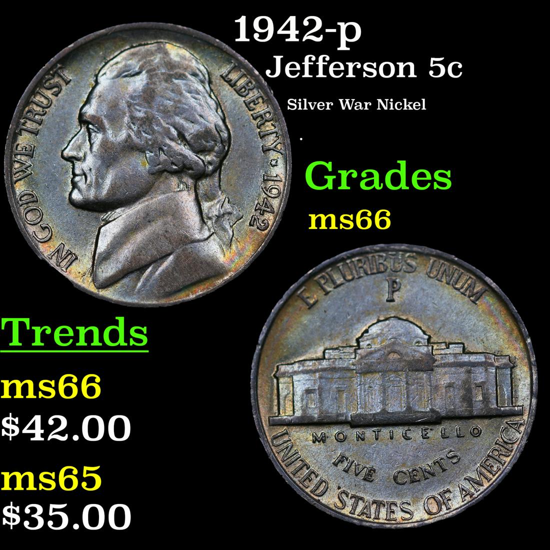1942-p Jefferson Nickel 5c Grades GEM+ Unc (1 of 1)