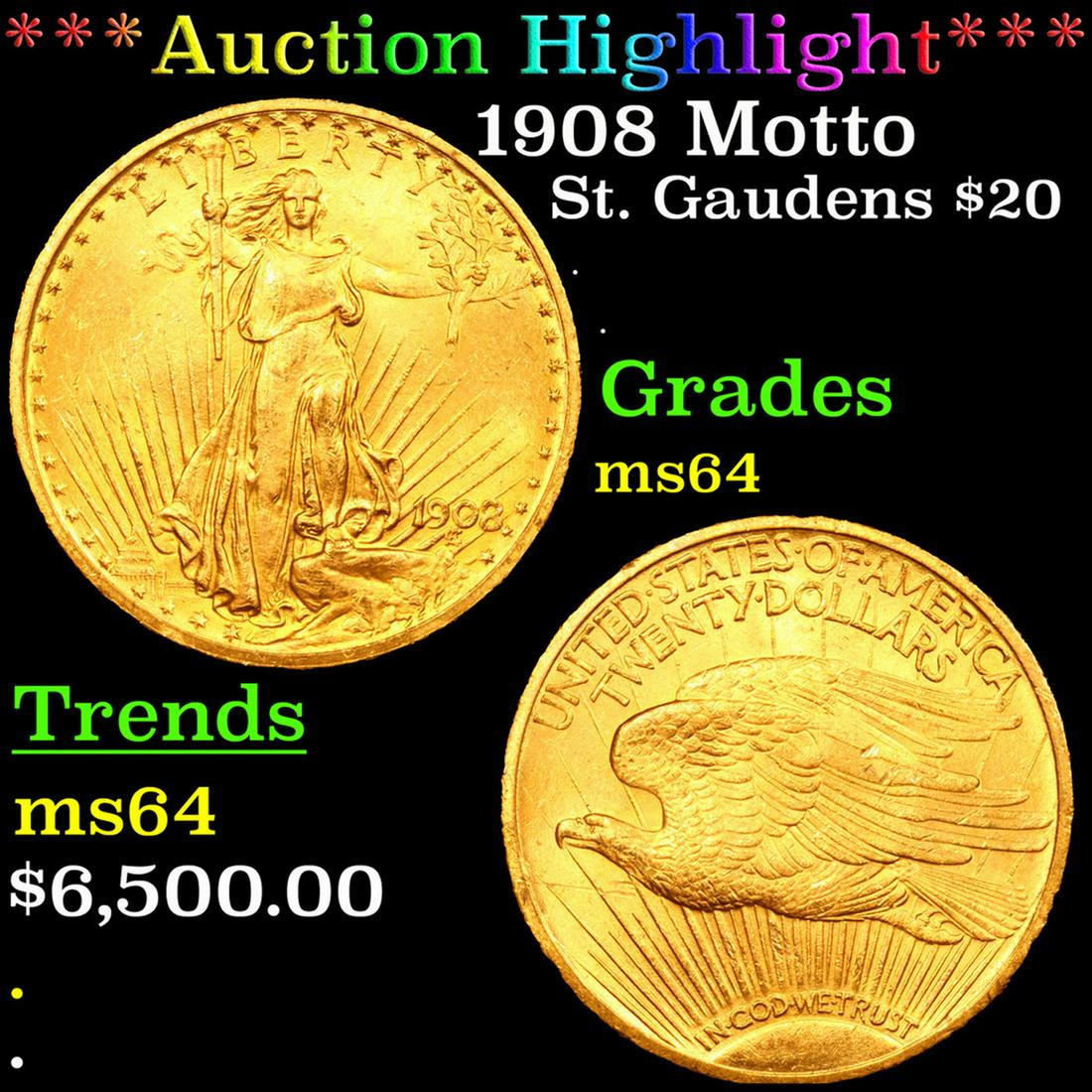 ***Auction Highlight*** 1908 Motto Gold St. Gaudens Double Eagle $20 Graded ms64 BY SEGS (fc) (1 of 3)