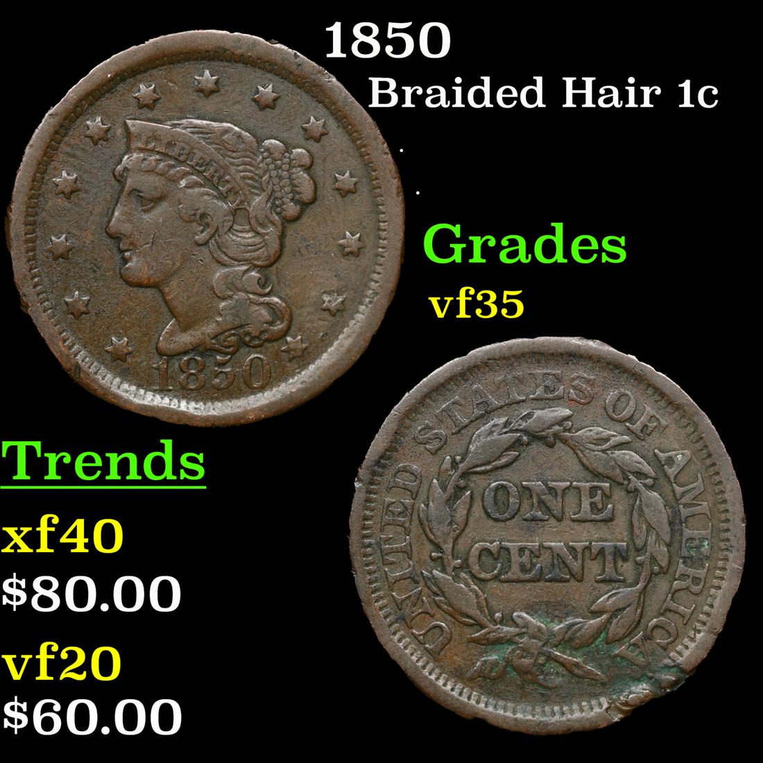 1850 Braided Hair Large Cent 1c Grades vf++ (1 of 3)